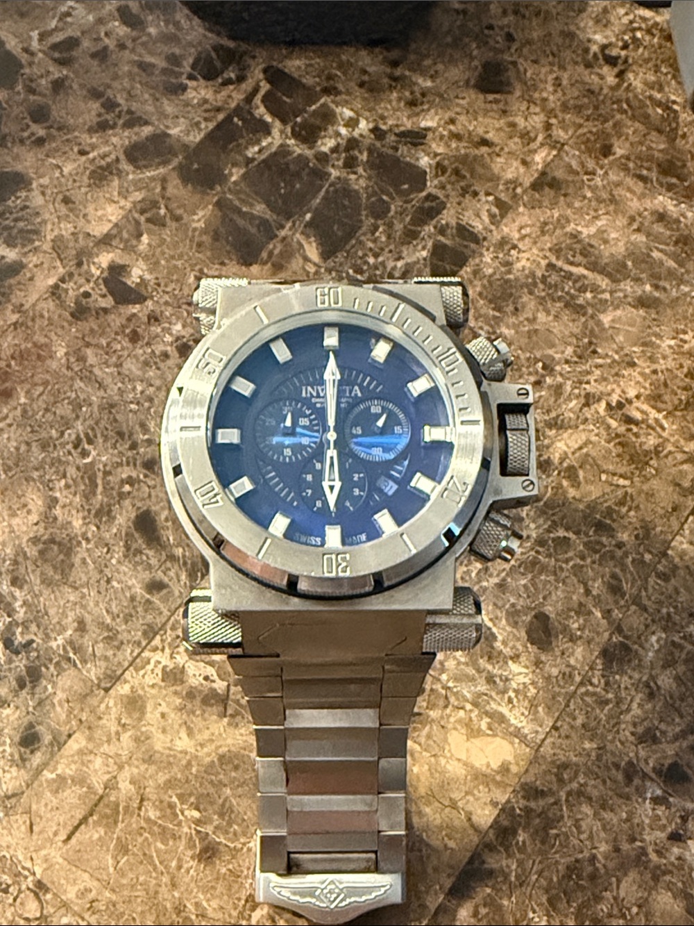 Invicta Silver Stainless Steel Watch with Blue Dial and Chronograph Subdials